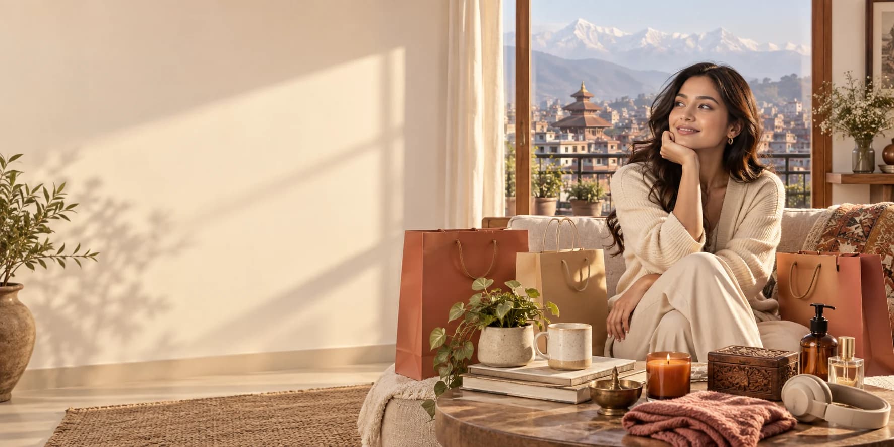 A stylish Mero Pasal customer in a sunlit Kathmandu home
